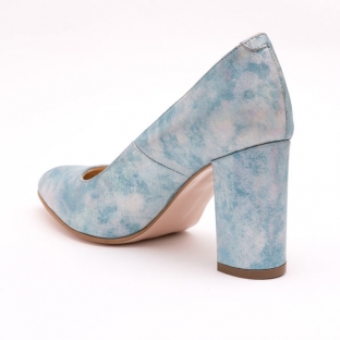 Pantofi Bleu cu Imprimeu cu Toc Gros 0809